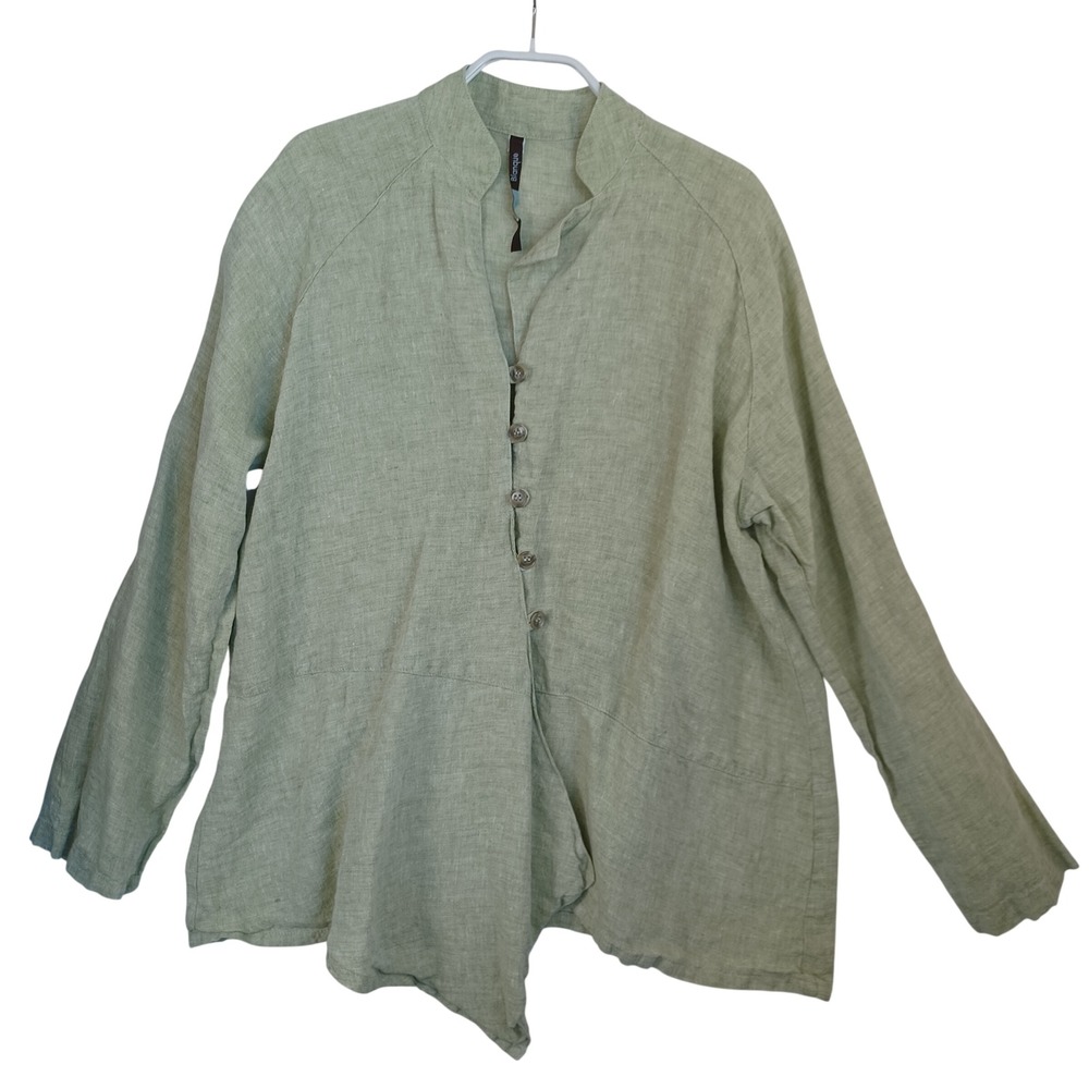 Blanque Womens Sage Green 100% Linen Asymmetrical‎ Button Up Tunic Top Large USA
